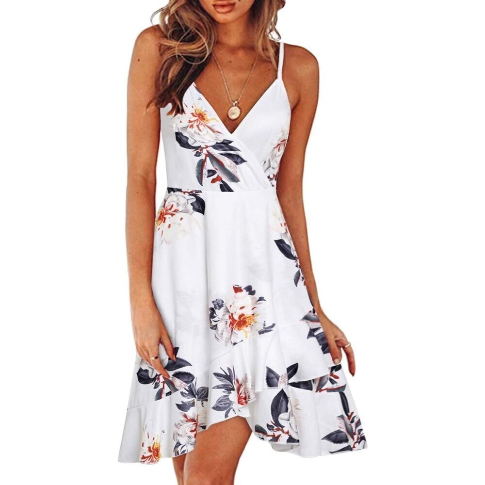 🆕Women’s Floral Wrap V-Neck Sundress Adjustable Spaghetti Strap Ruffle